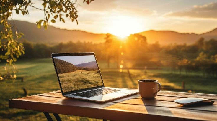 download man typing on computer at sunrise for free